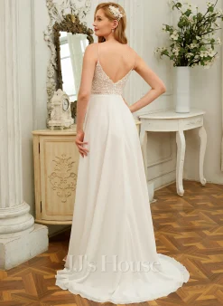 JJsHouse Robe Trapèze Accueil Froid Col V Balayage/pinceau Train Mousseline Dentelle Robe De Mariée Avec Brodé Paillettes -Voiles mariée Soldes 6a07e0d6affa2bfa86d3e658df4adc15