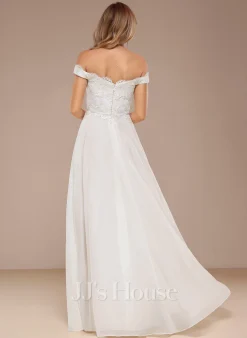 JJsHouse Robe Trapèze épaule Dénudée Longueur Ras Du Sol Mousseline Dentelle Robe De Mariée Avec Paillettes -Voiles mariée Soldes 6ad465ec465debfe5ed144e935b0db16