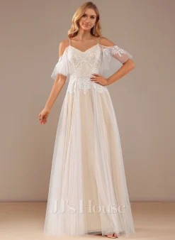 JJsHouse Robe Trapèze Col V Longueur Ras Du Sol Dentelle Tulle Robe De Mariée Avec Brodé Plissé Paillettes -Voiles mariée Soldes 6d77d3206df77b8f8948e6bf0686874f