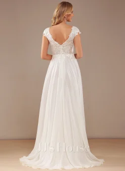 JJsHouse Robe Trapèze Col V Balayage/pinceau Train Mousseline Dentelle Robe De Mariée -Voiles mariée Soldes 6fc850150adfe84c99b24008aa709511