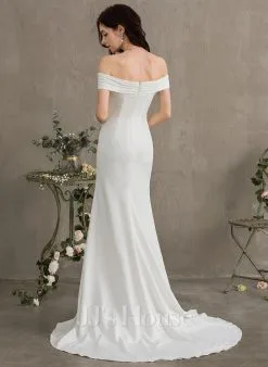 JJsHouse Fourreau épaule Dénudée Balayage/pinceau Train Crêpe Stretch Robe De Mariée Avec Plissé -Voiles mariée Soldes 70bc38345512552d2504d0d58ba00baa