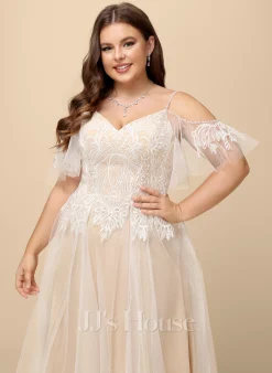 JJsHouse Robe Trapèze Col V Longueur Ras Du Sol Dentelle Tulle Robe De Mariée Avec Brodé Plissé Paillettes -Voiles mariée Soldes 71f3df1de0de453da4c1c2f28a4db8d6