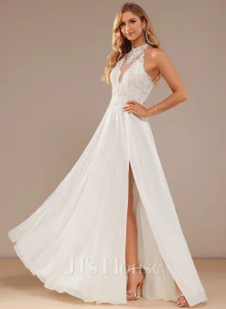 JJsHouse Robe Trapèze Col Haut Longueur Ras Du Sol Mousseline Dentelle Robe De Mariée Avec Brodé Paillettes -Voiles mariée Soldes 72b6f3b0ccd7c06898a6afd8d86cb857