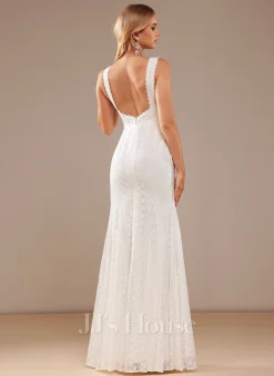JJsHouse Forme Sirène/trompette Col V Longueur Ras Du Sol Dentelle Robe De Mariée -Voiles mariée Soldes 733e349a745e030b76a4e42a4e269389