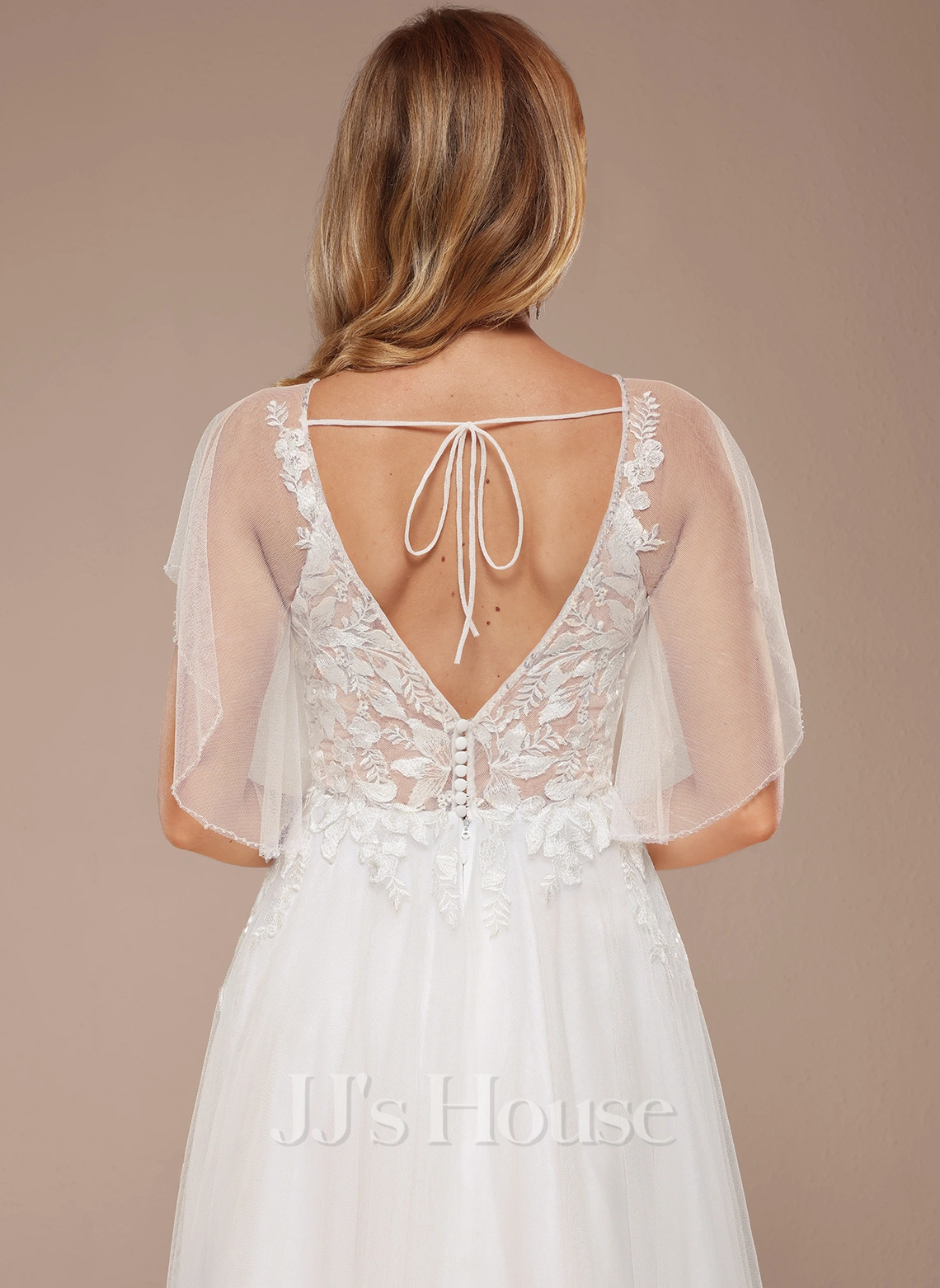 JJsHouse Robe Trapèze Col V Longueur Ras Du Sol Dentelle Tulle Robe De Mariée Avec Plissé Paillettes 2 JJsHouse Robe Trapèze Col V Longueur Ras Du Sol Dentelle Tulle Robe De Mariée Avec Plissé Paillettes – Image 2