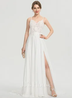 JJsHouse Robe Trapèze Col V Balayage/pinceau Train Mousseline Dentelle Robe De Mariée