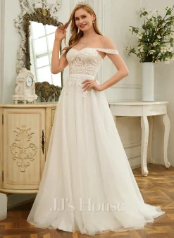 JJsHouse Robe Trapèze épaule Dénudée Balayage/pinceau Train Dentelle Tulle Robe De Mariée Avec Paillettes