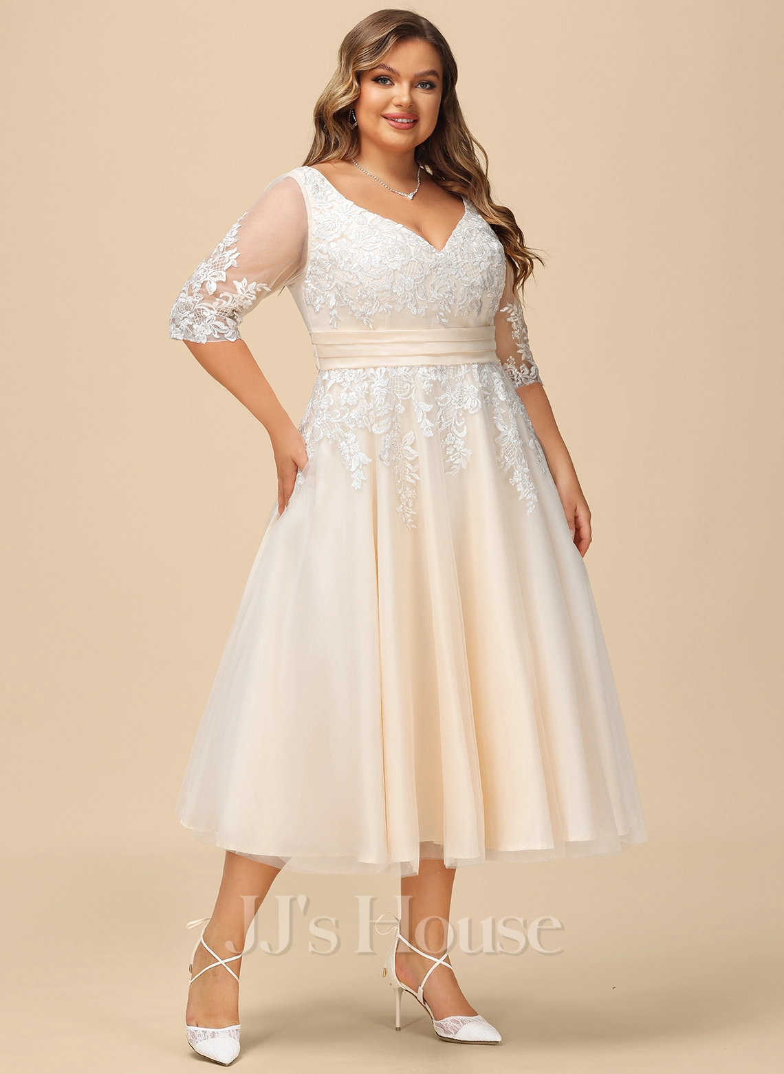 JJsHouse Robe Marquise/princesse Col V Longueur Mollet Dentelle Tulle Robe De Mariée 8 JJsHouse Robe Marquise/princesse Col V Longueur Mollet Dentelle Tulle Robe De Mariée – Image 8