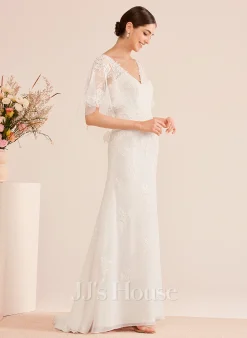 JJsHouse Forme Sirène/trompette Col V Traîne Moyenne Mousseline Dentelle Tulle Robe De Mariée