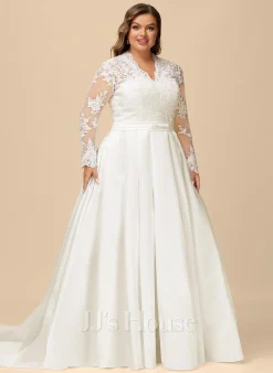 JJsHouse Robe Marquise/princesse Col V Traîne Moyenne Dentelle Satiné Robe De Mariée Avec Arc -Voiles mariée Soldes 7832c1f14cb138c20971ea1667c36930