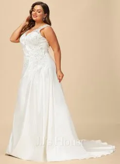 JJsHouse Robe Marquise/princesse Col V Balayage/pinceau Train Dentelle Satiné Robe De Mariée Avec Brodé Plissé Paillettes -Voiles mariée Soldes 7872c3fcf52483dd22bbe0b7d6632594