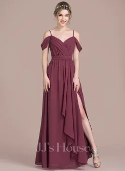 Jjshouse.fr Robe Trapèze Col V Longueur Ras Du Sol Mousseline Mousseline Robe De Demoiselle D'honneur Avec Arc Robe à Volants Fendue Devant