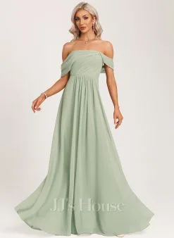Jjshouse.fr Robe Trapèze épaule Dénudée Longueur Ras Du Sol Mousseline Robe De Demoiselle D'honneur Avec Plissé