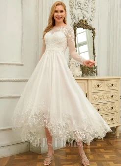 JJsHouse Robe Trapèze Scoop Asymétrique Mousseline Dentelle Robe De Mariée Avec Paillettes
