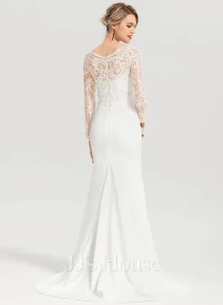 JJsHouse Forme Sirène/trompette Col V Balayage/pinceau Train Dentelle Crêpe Stretch Robe De Mariée Avec Brodé Paillettes -Voiles mariée Soldes 7a30269340de1a17fb86d7eb4003b6f6