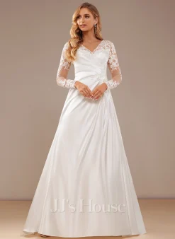 JJsHouse Robe Trapèze Col V Traîne Moyenne Dentelle Satiné Robe De Mariée Avec Paillettes -Voiles mariée Soldes 7a83530bf8de9b0eb017dd80bc3c8d81