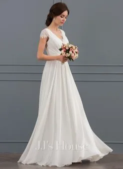 JJsHouse Robe Trapèze Col V Longueur Ras Du Sol Mousseline Dentelle Robe De Mariée Avec Plissé -Voiles mariée Soldes 7ad805d200bffb2ea16383284c19e25a