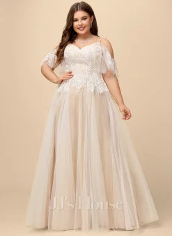 JJsHouse Robe Trapèze Col V Longueur Ras Du Sol Dentelle Tulle Robe De Mariée Avec Brodé Plissé Paillettes -Voiles mariée Soldes 7e080b9071d7a963a50a2c0b1187c73b