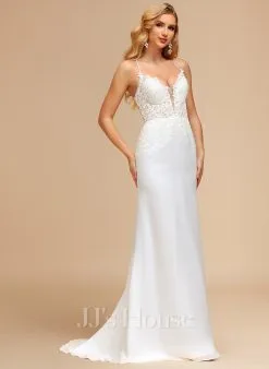 JJsHouse Forme Sirène/trompette Col V Balayage/pinceau Train Mousseline Dentelle Robe De Mariée