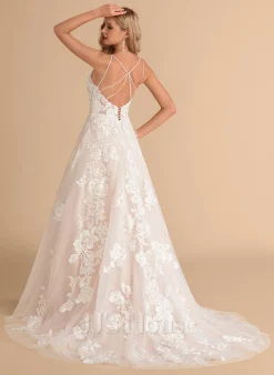 JJsHouse Robe Marquise/princesse Col V Traîne Moyenne Dentelle Tulle Robe De Mariée Avec Brodé