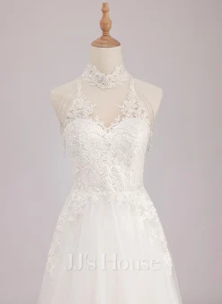 JJsHouse Robe Marquise/princesse Col Haut Balayage/pinceau Train Dentelle Tulle Robe De Mariée Avec Brodé Paillettes -Voiles mariée Soldes 82001de1dc7d5191beaf9368beb1a577