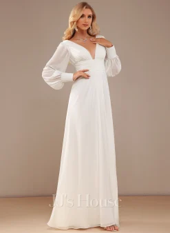 JJsHouse Robe Trapèze Col V Longueur Ras Du Sol Mousseline Robe De Mariée Avec Plissé