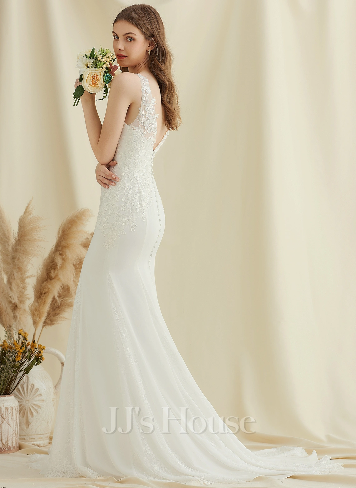 JJsHouse Forme Sirène/trompette Col V Traîne Moyenne Mousseline Dentelle Robe De Mariée 3 JJsHouse Forme Sirène/trompette Col V Traîne Moyenne Mousseline Dentelle Robe De Mariée – Image 3