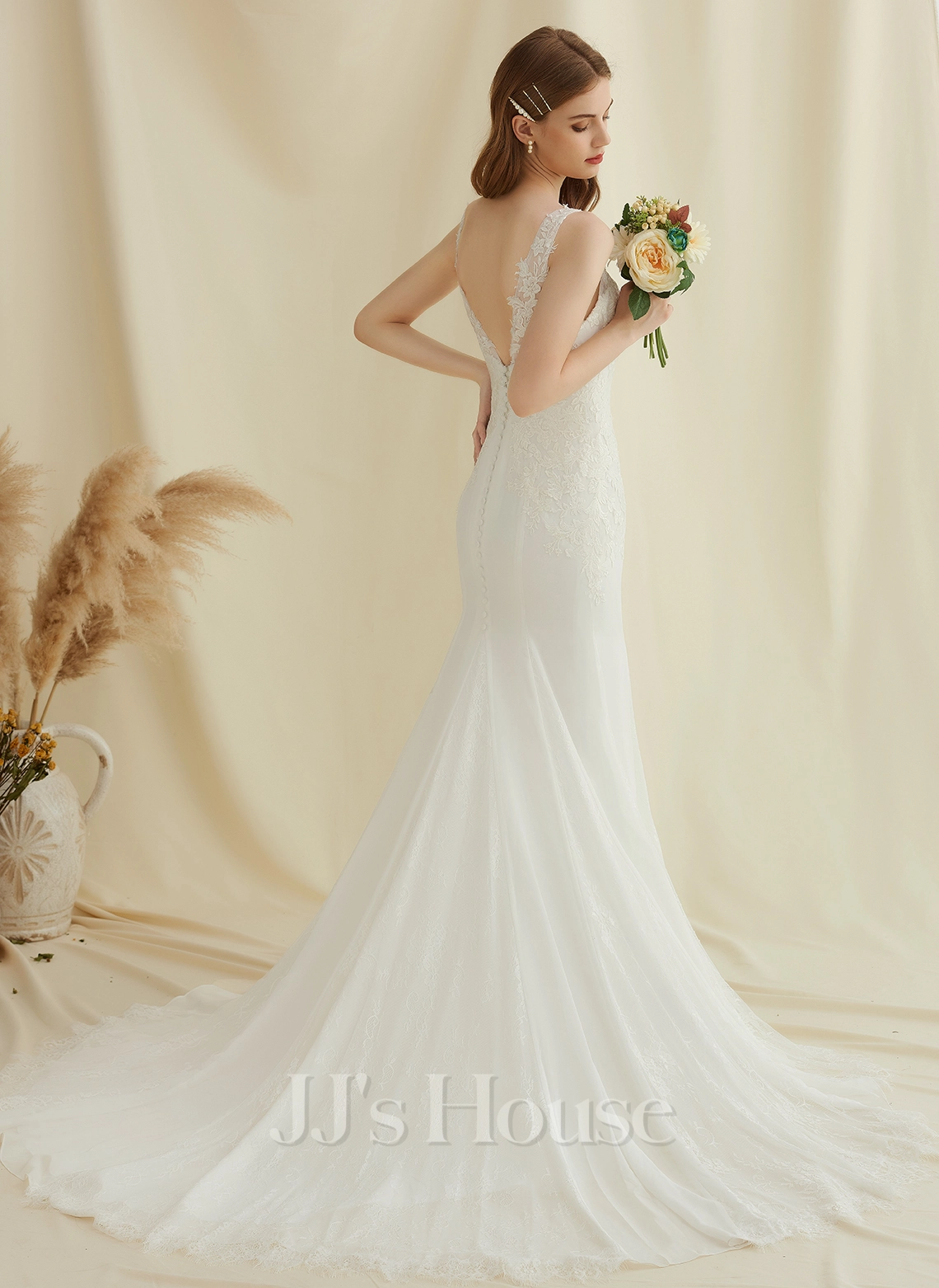 JJsHouse Forme Sirène/trompette Col V Traîne Moyenne Mousseline Dentelle Robe De Mariée 1 JJsHouse Forme Sirène/trompette Col V Traîne Moyenne Mousseline Dentelle Robe De Mariée