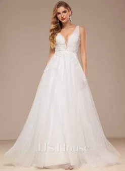 JJsHouse Robe Trapèze Col V Balayage/pinceau Train Dentelle Tulle Robe De Mariée Avec Paillettes