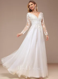 JJsHouse Robe Trapèze Col V Longueur Ras Du Sol Dentelle Tulle Robe De Mariée Avec Brodé Paillettes