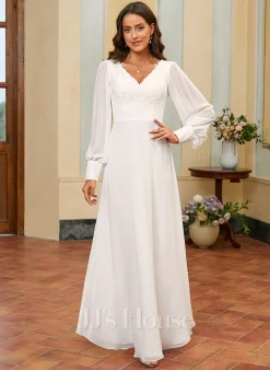 JJsHouse Robe Trapèze Col V Longueur Ras Du Sol Mousseline Dentelle Robe De Mariée Avec Paillettes