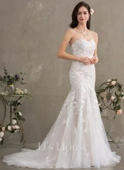 JJsHouse Forme Sirène/trompette Cache Cœur Traîne Moyenne Dentelle Tulle Robe De Mariée