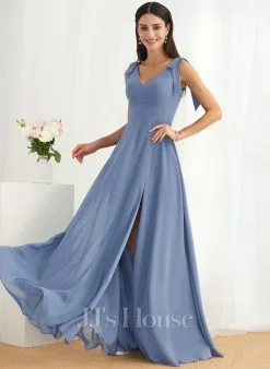 Jjshouse.fr Robe Trapèze Col V Longueur Ras Du Sol Mousseline Robe De Demoiselle D'honneur Avec Arc Fendue Devant