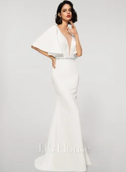 JJsHouse Forme Sirène/trompette Col V Balayage/pinceau Train Crêpe Stretch Robe De Mariée Avec Brodé