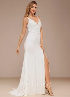 JJsHouse Forme Sirène/trompette Col V Balayage/pinceau Train Mousseline Dentelle Robe De Mariée Avec Paillettes -Voiles mariée Soldes 880e1455aa8e017726fe51cea7ae31b3