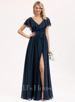 Jjshouse.fr Robe Trapèze Col V Longueur Ras Du Sol Mousseline Mousseline Robe De Demoiselle D'honneur Avec Arc Robe à Volants Fendue Devant