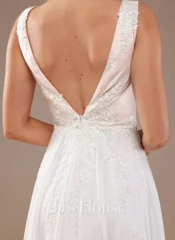 JJsHouse Robe Trapèze Col V Balayage/pinceau Train Mousseline Dentelle Robe De Mariée Avec Paillettes -Voiles mariée Soldes 8b1a48c5e4b3dd39e22993d3c65364d7