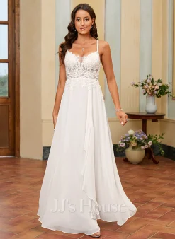 JJsHouse Robe Trapèze Col V Longueur Ras Du Sol Mousseline Dentelle Robe De Mariée Avec Paillettes -Voiles mariée Soldes 8bd9b91d9b689761f81467b51fce4539