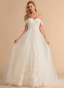 JJsHouse Robe Marquise/princesse épaule Dénudée Traîne Moyenne Dentelle Tulle Robe De Mariée Avec Paillettes