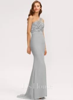 Jjshouse.fr Forme Sirène/trompette Décolleté Asymétrique Balayage/pinceau Train Mousseline Dentelle Mousseline Robe De Demoiselle D'honneur -Voiles mariée Soldes 8cecba2e299500363d44836cfe0517f3