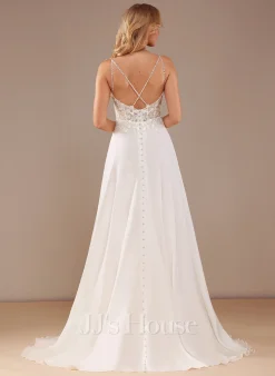 JJsHouse Robe Trapèze Col V Traîne Moyenne Mousseline Dentelle Robe De Mariée Avec Brodé Feather Paillettes 27 JJsHouse Robe Trapèze Col V Traîne Moyenne Mousseline Dentelle Robe De Mariée Avec Brodé Feather Paillettes -Voiles mariée Soldes 8d7253848f00f7ed10872e69ee53ec4c