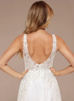 JJsHouse Robe Trapèze Col V Balayage/pinceau Train Dentelle Tulle Robe De Mariée Avec Paillettes -Voiles mariée Soldes 912c5bc1fd2d8c20abf3dfce161b9e24