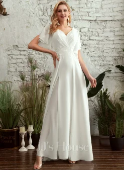 JJsHouse Robe Trapèze Col V Longueur Ras Du Sol Mousseline Dentelle Robe De Mariée -Voiles mariée Soldes 91c7da210cfd3280a57167f5262dcaad