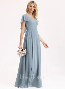 Jjshouse.fr Robe Trapèze Col V Longueur Ras Du Sol Mousseline Mousseline Robe De Demoiselle D'honneur Avec Robe à Volants -Voiles mariée Soldes 92136819db36ed1999dbdd9c869e384b