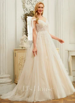 JJsHouse Robe Marquise/princesse Illusion Traîne Moyenne Dentelle Tulle Robe De Mariée Avec Paillettes -Voiles mariée Soldes 923092954da89a86c76cacca965c3e43