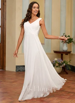 JJsHouse Robe Trapèze Col V Longueur Ras Du Sol Mousseline Dentelle Robe De Mariée