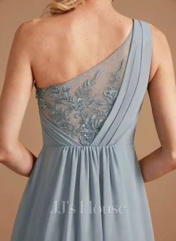 Jjshouse.fr Robe Trapèze Décolleté Asymétrique Longueur Ras Du Sol Mousseline Robe De Demoiselle D'honneur Avec Dentelle Paillettes -Voiles mariée Soldes 932dd0d06c82a70247d38143064c2c65