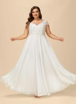 JJsHouse Robe Trapèze Col V Longueur Ras Du Sol Mousseline Dentelle Robe De Mariée Avec Brodé Paillettes -Voiles mariée Soldes 93d5e565aacd91924d61628018c9fc71