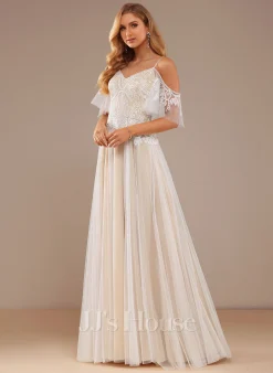 JJsHouse Robe Trapèze Col V Longueur Ras Du Sol Dentelle Tulle Robe De Mariée Avec Brodé Plissé Paillettes -Voiles mariée Soldes 9480bae57863658c8a49383d8ef4b3c1