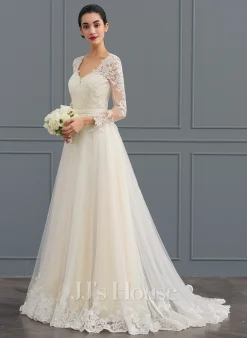 JJsHouse Robe Marquise/princesse Col V Balayage/pinceau Train Dentelle Tulle Robe De Mariée